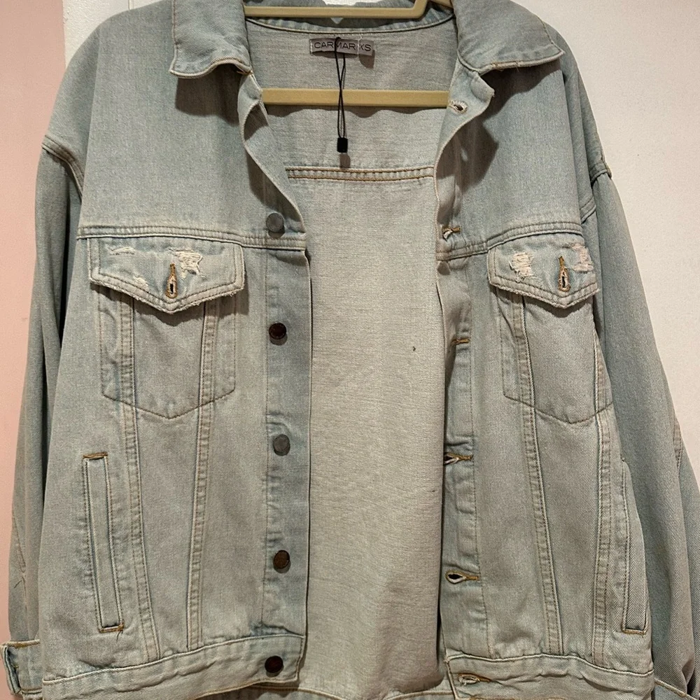 carmar denim boyfriend jacket with rhinestone skull